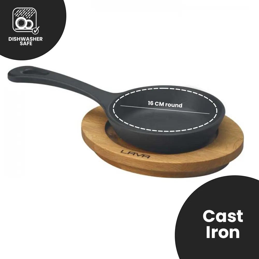 Lava Enameled Cast Iron Frying Pan With Wooden Plate, Cast Iron Skillet, Diameter 16 cm - HorecaStore