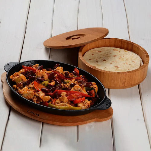 Lava Enameled Cast Iron Oval Fajita,Tandori ,Fish Sizzler Dish With Wooden Platter, 18 x 24 cm