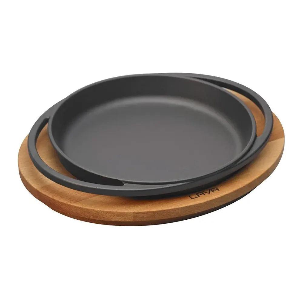 Lava Enameled Cast Iron Round Service Dish With Wooden Platter, Black With Handle, Diameter 16 Cm - HorecaStore