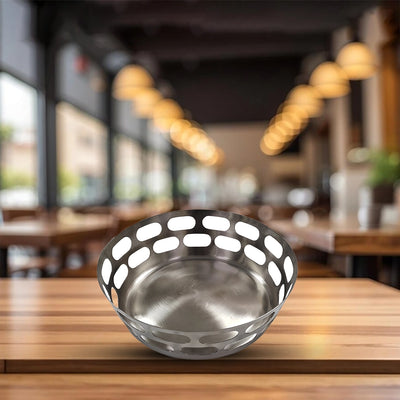 THS Shiny Finish Stainless Steel Round Bread Basket With Design