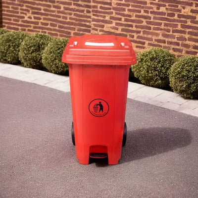 THS CNC120 Red Plastic Garbage Bin With Wheel And Centre Pedal 120 L