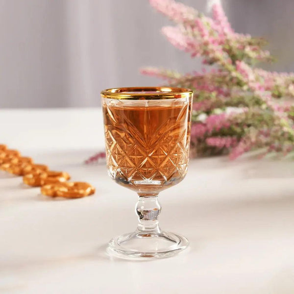 Pasabahce Timeless 51718 Liqueur Gold Rim Tumbler Glass 6cl - 4/Case - HorecaStore