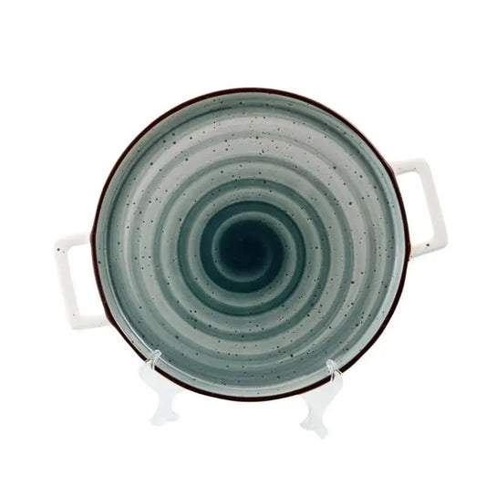 Porceletta Porcelain Pizza Plate with Handle Green Color Glazed, 32 cm