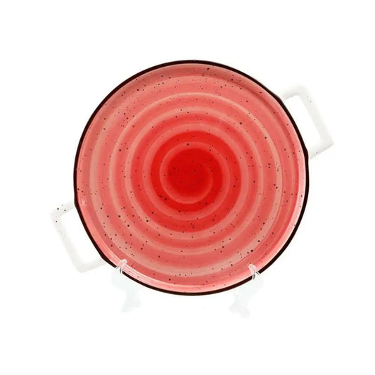 Porceletta Porcelain Pizza Plate with Handle Red Color Glazed, 26 cm