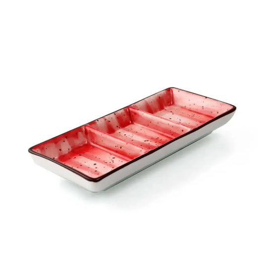 Porceletta Porcelain Rectangular Compartment Dish Red Color Glazed, 17.5 cm