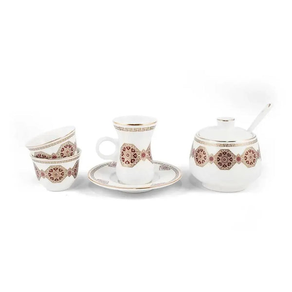 Porceletta Porcelain Tea & Coffee Serving Set Golden Red Pattern Ivory, 27 Pieces