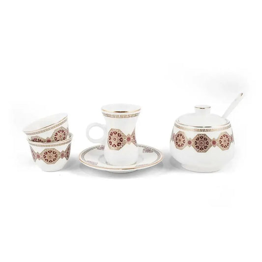 Porceletta Porcelain Tea & Coffee Serving Set Golden Red Pattern Ivory, 51 Pieces