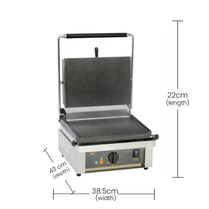 Roller Grill 3000W Panini Single Cast Iron Ribbed Top & Bottom Contact Grill 39 X 43 X 22 cm - HorecaStore