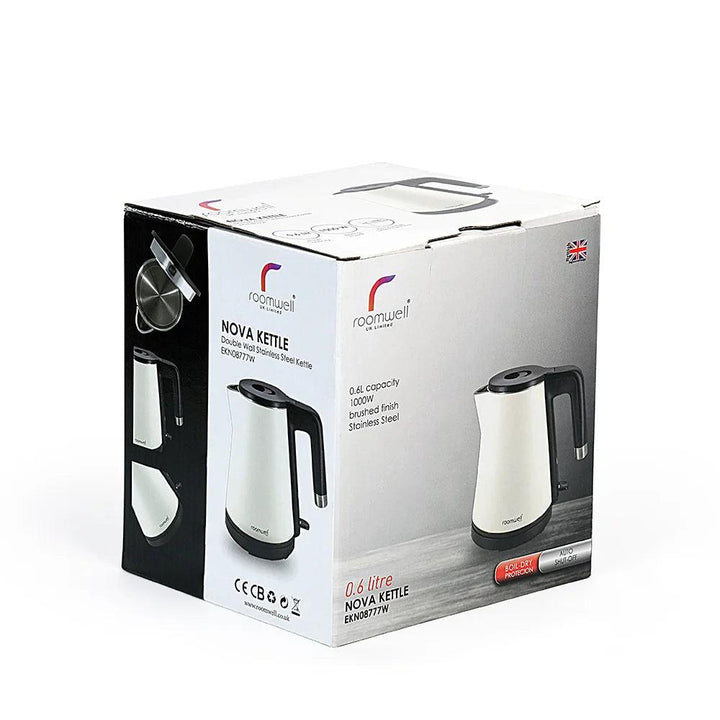 Roomwell UK Double Wall 304 Stainless Steel Nova Electric kettle 0.6 L, 1000 W White - HorecaStore