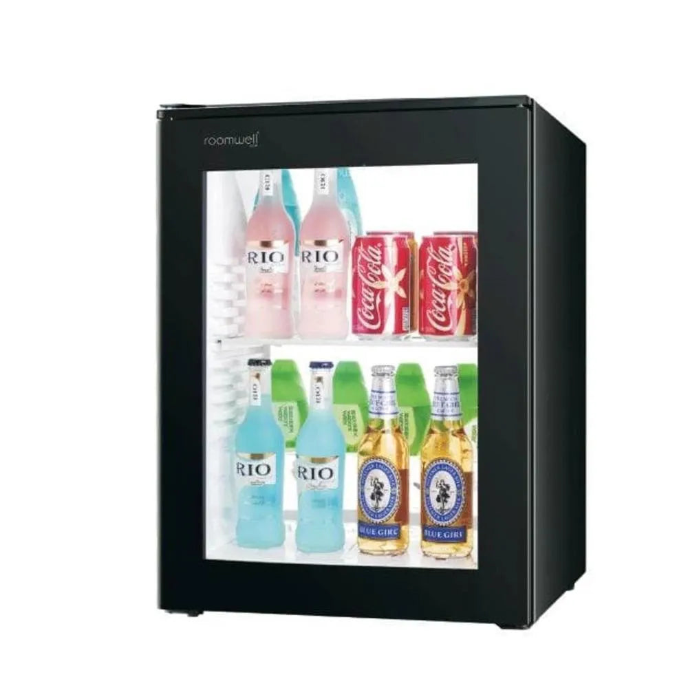 Roomwell UK High Cool Absorption Minibar, Glass Door 30 Liters, H 49 x W 40 x D 40.6 cm, 100% Silent, Ultra-Cooling, CFC/HCFC Free, Color Black