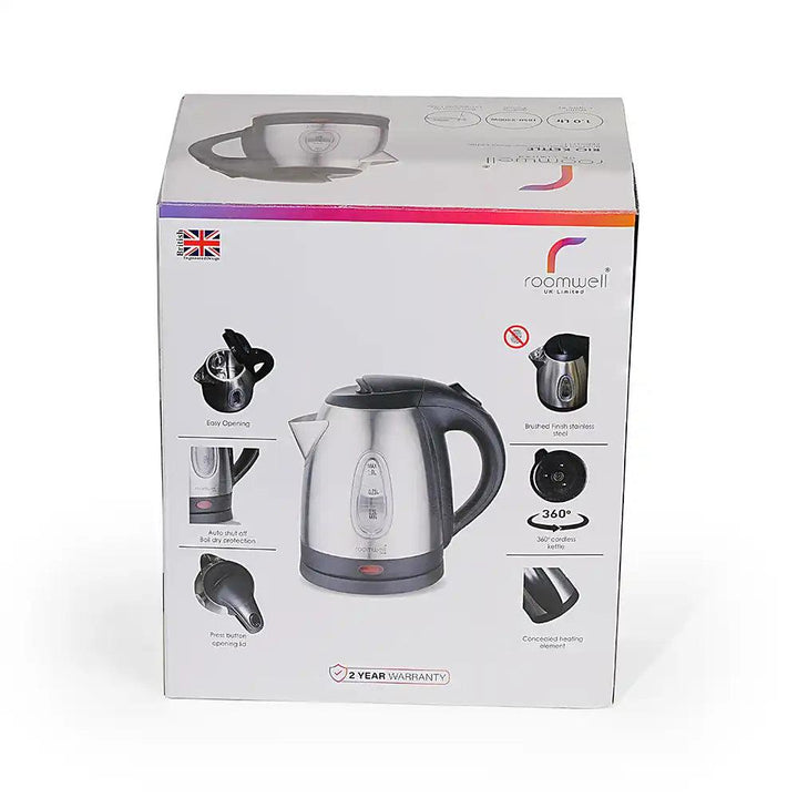 Roomwell UK Stainless Steel Rio Electric Kettle 1.0 L, 2000 W, Cordless, Boil Dry Protection & Auto Shut-off, Strix UK Controller - HorecaStore