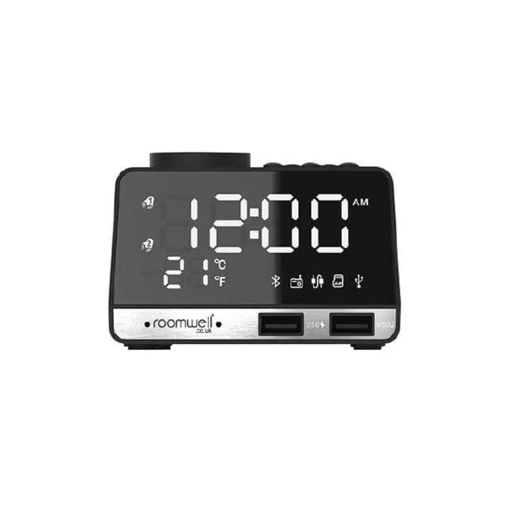 Roomwell Wake And Play Digital Alarm Clock with 2 Grouup of Alarm Setting, Dual Speaker Brightness Adjustable, Bluetooth Range 10 m, Color Black