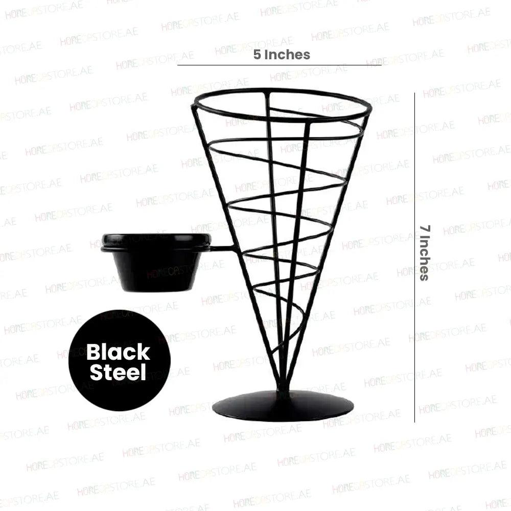 Tablecraft ACR57 Black Steel Wire Cone Basket With 1 Ramekin, 5 x 7'' - HorecaStore