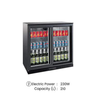 tecnocooler bc02ps stainless steel bar cooler 2 sliding glass doors 2 moveable shelves 210 liters capacity electric power 230w 90 x 52 x 90 cm