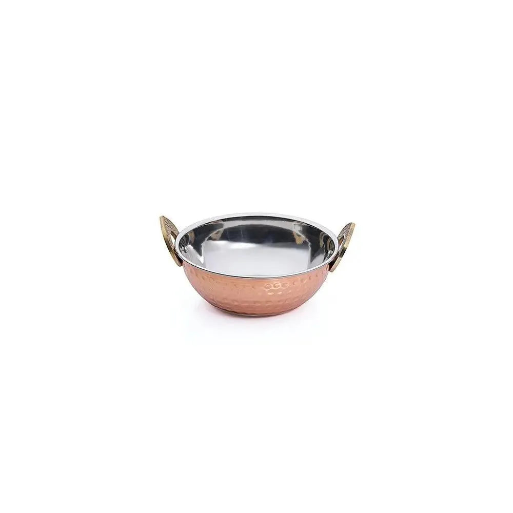 THS Hammered Finish Stainless Steel karahi with Brass Handles 17.7x5.75cm, 800ml copper