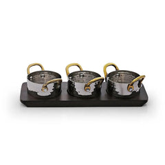 THS Stainless Steel 3 Mini Saucepan with brass handles and wooden tray 7x3.75cm