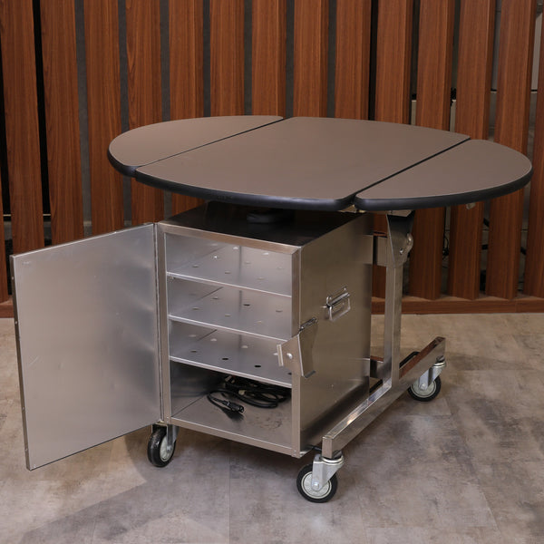 VM BI-Fold Round Room Service Trolley With Hotbox L91 x W78 x H75 cm, Top And Double Drop Leafs, 4 Swivel Non Scratching Silent Wheel, Grey