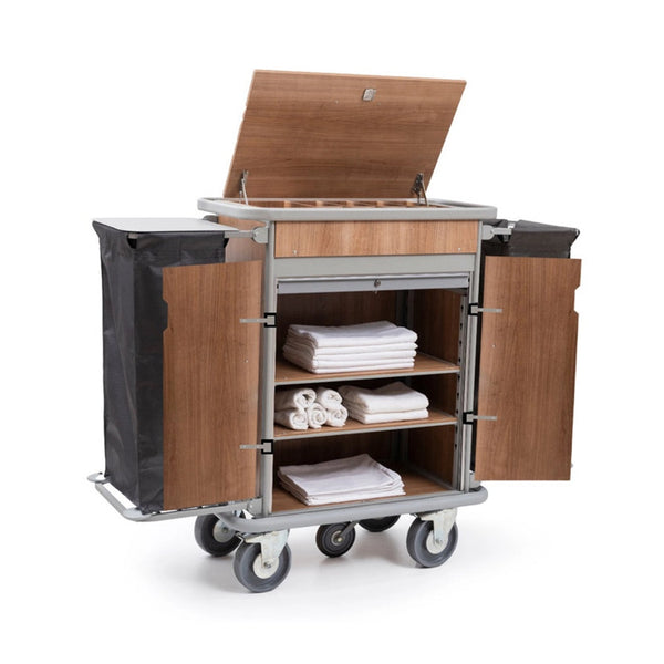 VM Signature Hotel Housekeeping Trolley, Fire Proof Lockable Doors 3 Level Shelves,1 Closed Top