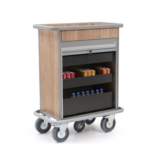 VM Signature Minibar Trolley L 101 x W 59 x H 128 cm, 3 Stable Drawers, Lockable Plastic Roller Panel, Beechwood