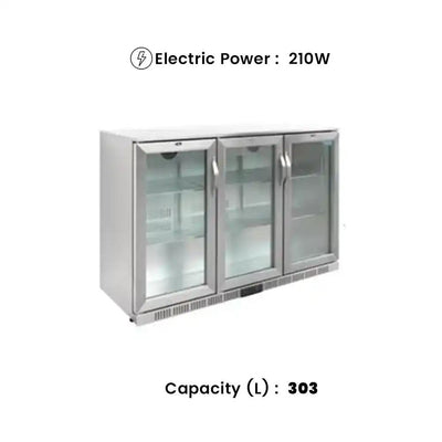 tecnocooler bc03sp stainless steel bar cooler 3 hinged doors 2 moveable shelves 303 liters capacity electric power 210w 133 5 x 51 x 89 5 cm