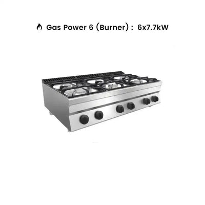 Metos 712GCTT462 Stainless Steel Bench Gas Cooker Range With 6 Burners, Power 6 X 7.7 kW - HorecaStore