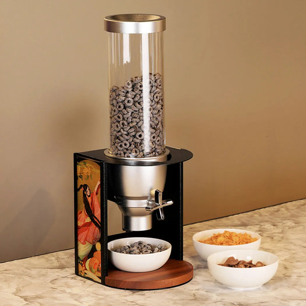 Wundermaxx Acrylic Single Cereal  Dispenser, Stainless Steel Frame and  Wooden Base, 20 x 21 x 55 cm