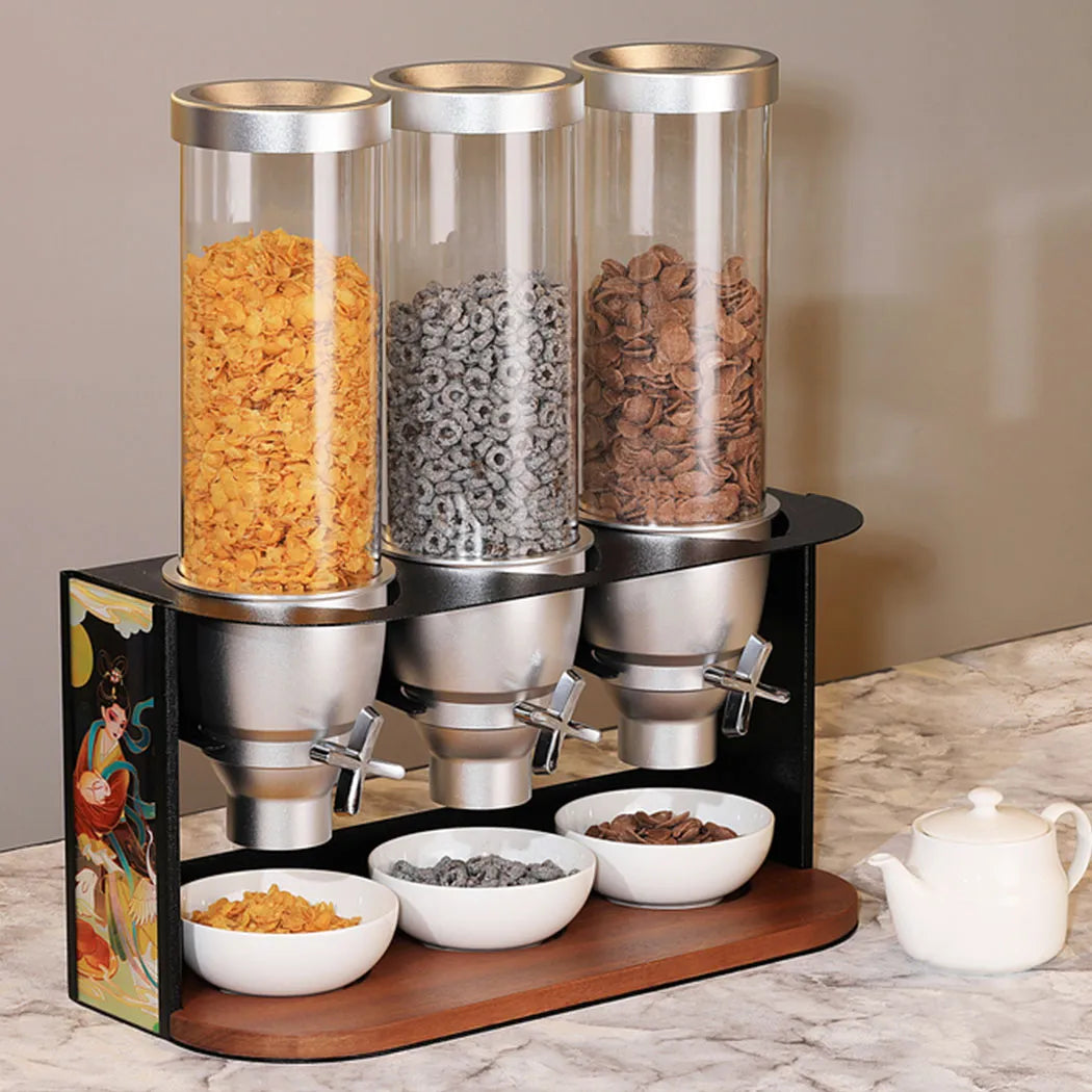 Wundermaxx Acrylic Trio Cereal  Dispenser,  Stainless Steel Frame and  Wooden Base 50 x 21 x 55 cm