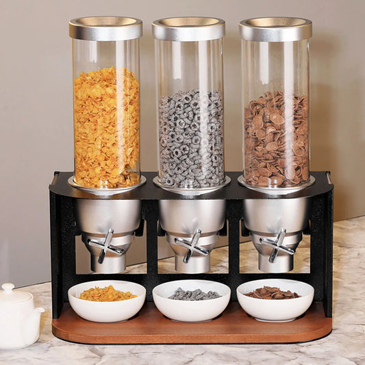 Wundermaxx Acrylic Trio Cereal  Dispenser,  Stainless Steel Frame and  Wooden Base 50 x 21 x 55 cm