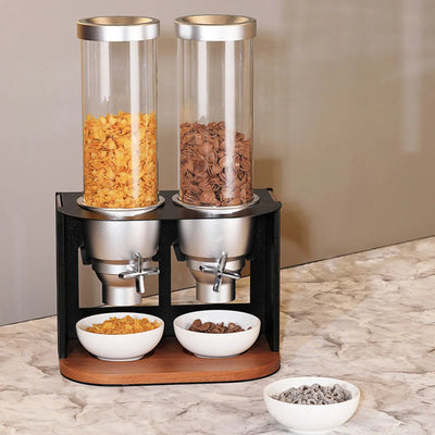 Wundermaxx Acrylic Twin Cereal  Dispenser,  Stainless Steel Frame and  Wooden Base 35 x 21 x 55 cm