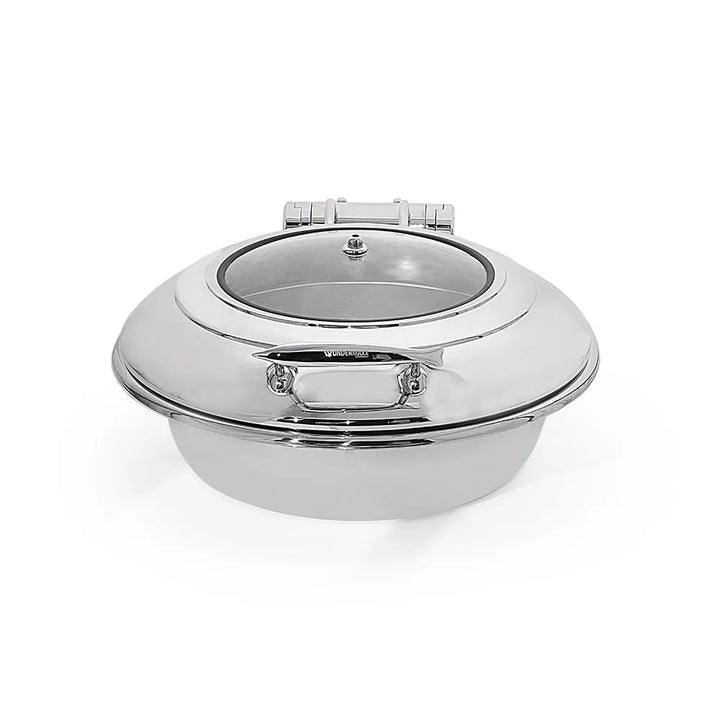 wundermaxx gluck stainless steel round induction chafing dish with glass lid l 45 5 x w 52 x h 21 cm capacity 6 litres