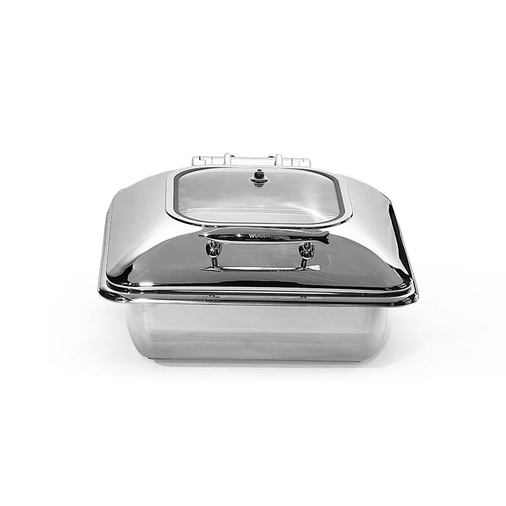 wundermaxx gluck stainless steel square induction chafing dish with glass lid l41 x w 45 5 x h 21 cm capacity 6 litres