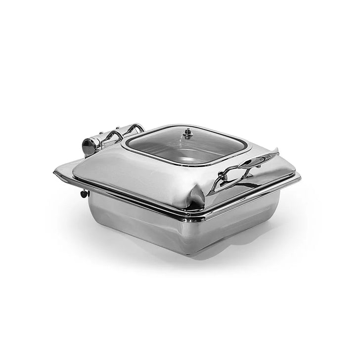 wundermaxx gluck stainless steel square induction chafing dish with glass lid l41 x w 45 5 x h 21 cm capacity 6 litres